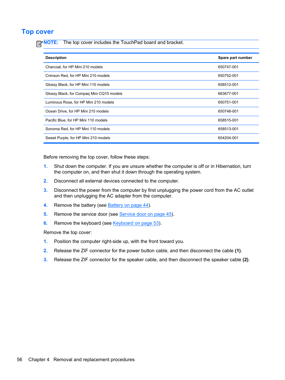 Top cover | HP 110 User Manual | Page 64 / 104