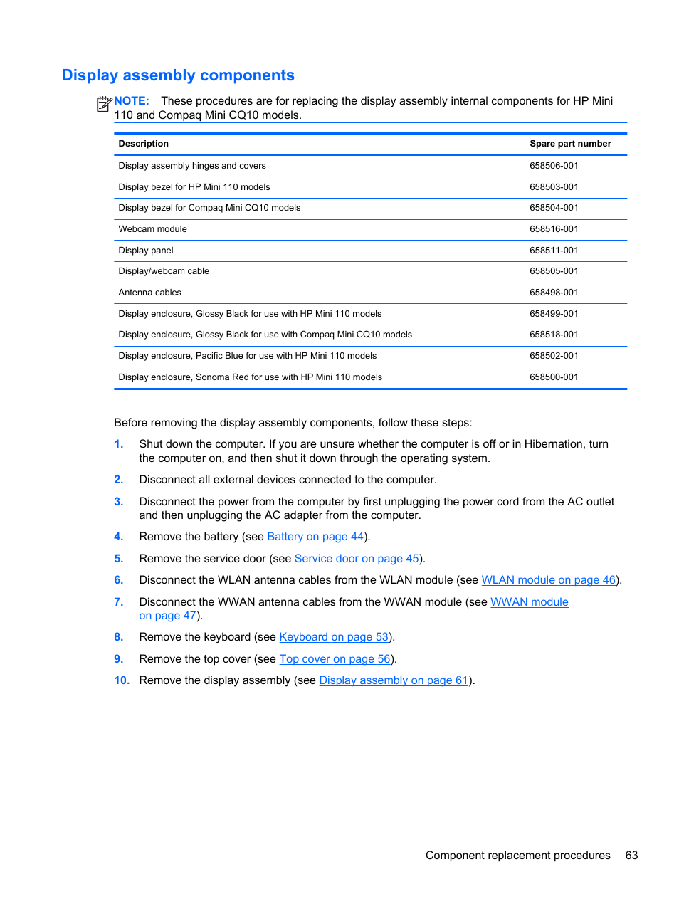 Display assembly components | HP 110 User Manual | Page 71 / 104