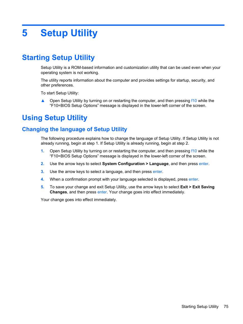 Setup utility, Starting setup utility, Using setup utility | Changing the language of setup utility, 5 setup utility, Starting setup utility using setup utility, 5setup utility | HP 110 User Manual | Page 83 / 104