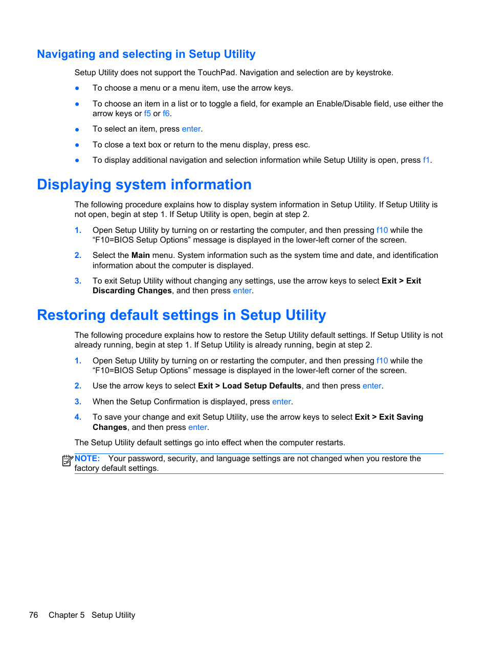 Navigating and selecting in setup utility, Displaying system information, Restoring default settings in setup utility | HP 110 User Manual | Page 84 / 104