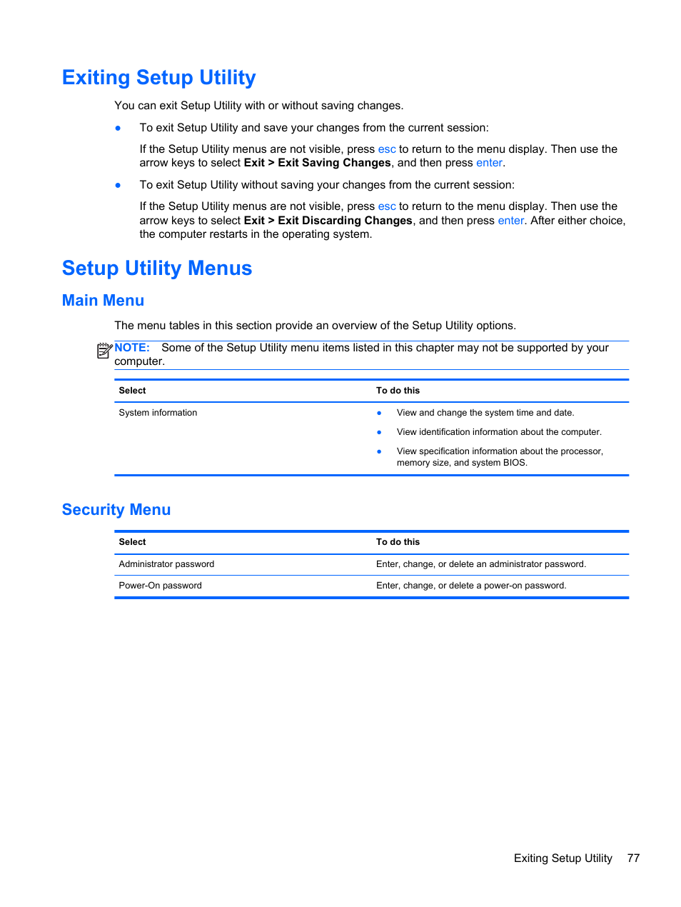 Exiting setup utility, Setup utility menus, Main menu | Security menu, Exiting setup utility setup utility menus, Main menu security menu | HP 110 User Manual | Page 85 / 104