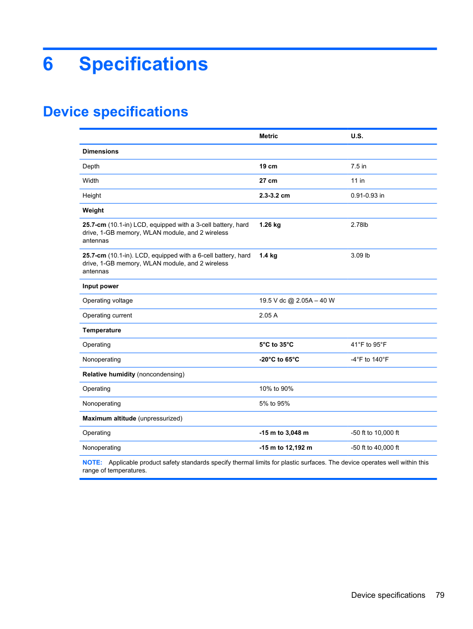 Specifications, Device specifications, 6 specifications | 6specifications | HP 110 User Manual | Page 87 / 104
