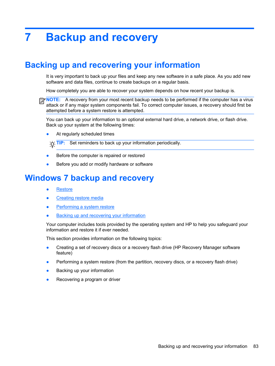 Backup and recovery, Backing up and recovering your information, Windows 7 backup and recovery | 7 backup and recovery, 7backup and recovery | HP 110 User Manual | Page 91 / 104