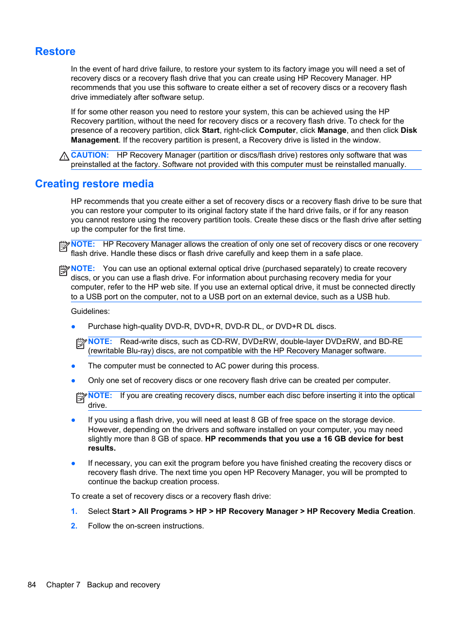 Restore, Creating restore media, Restore creating restore media | HP 110 User Manual | Page 92 / 104