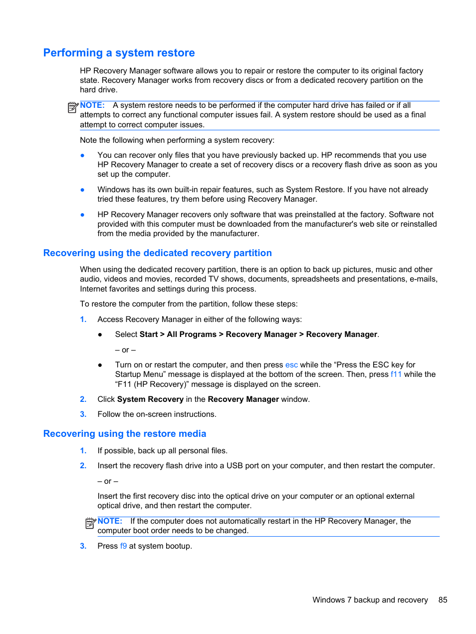 Performing a system restore, Recovering using the dedicated recovery partition, Recovering using the restore media | HP 110 User Manual | Page 93 / 104