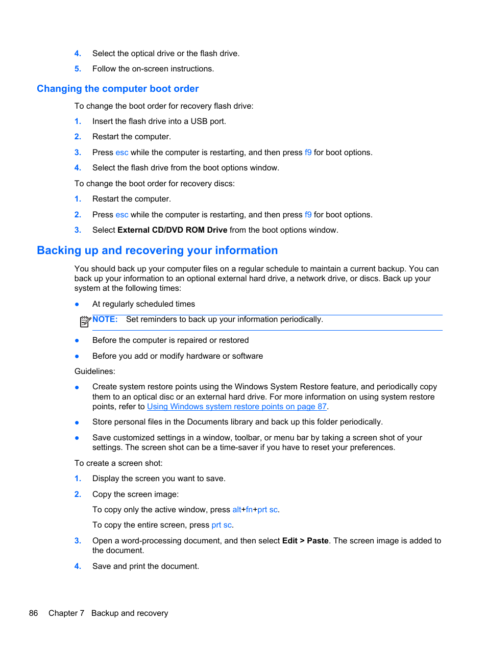 Changing the computer boot order, Backing up and recovering your information | HP 110 User Manual | Page 94 / 104