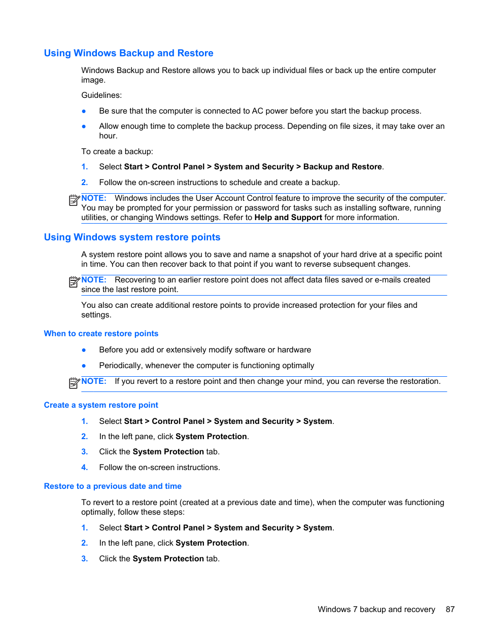 Using windows backup and restore, Using windows system restore points, When to create restore points | Create a system restore point, Restore to a previous date and time | HP 110 User Manual | Page 95 / 104