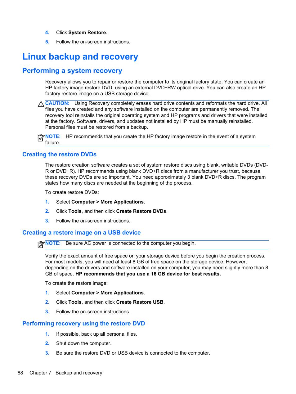 Linux backup and recovery, Performing a system recovery, Creating the restore dvds | Creating a restore image on a usb device, Performing recovery using the restore dvd | HP 110 User Manual | Page 96 / 104