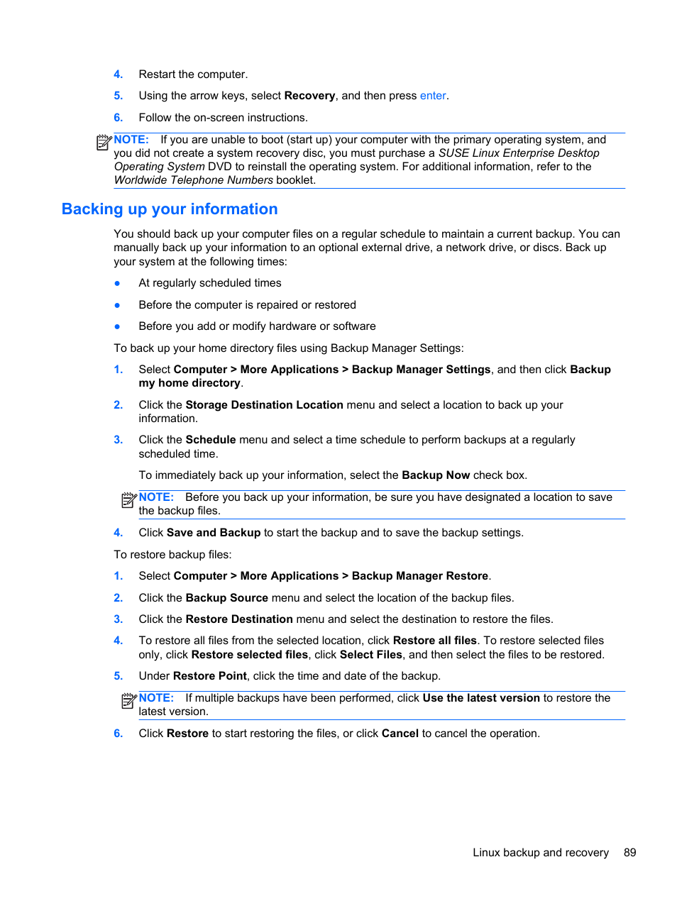 Backing up your information | HP 110 User Manual | Page 97 / 104