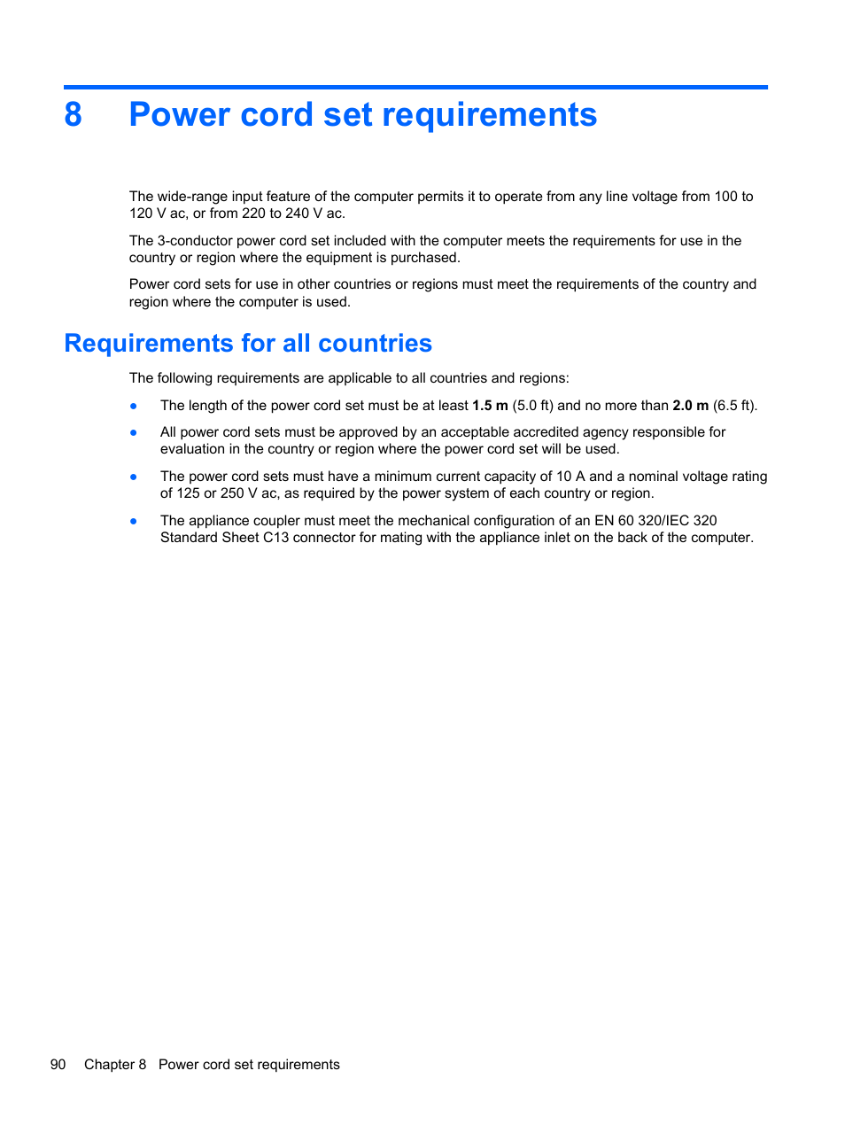 Power cord set requirements, Requirements for all countries, 8 power cord set requirements | 8power cord set requirements | HP 110 User Manual | Page 98 / 104