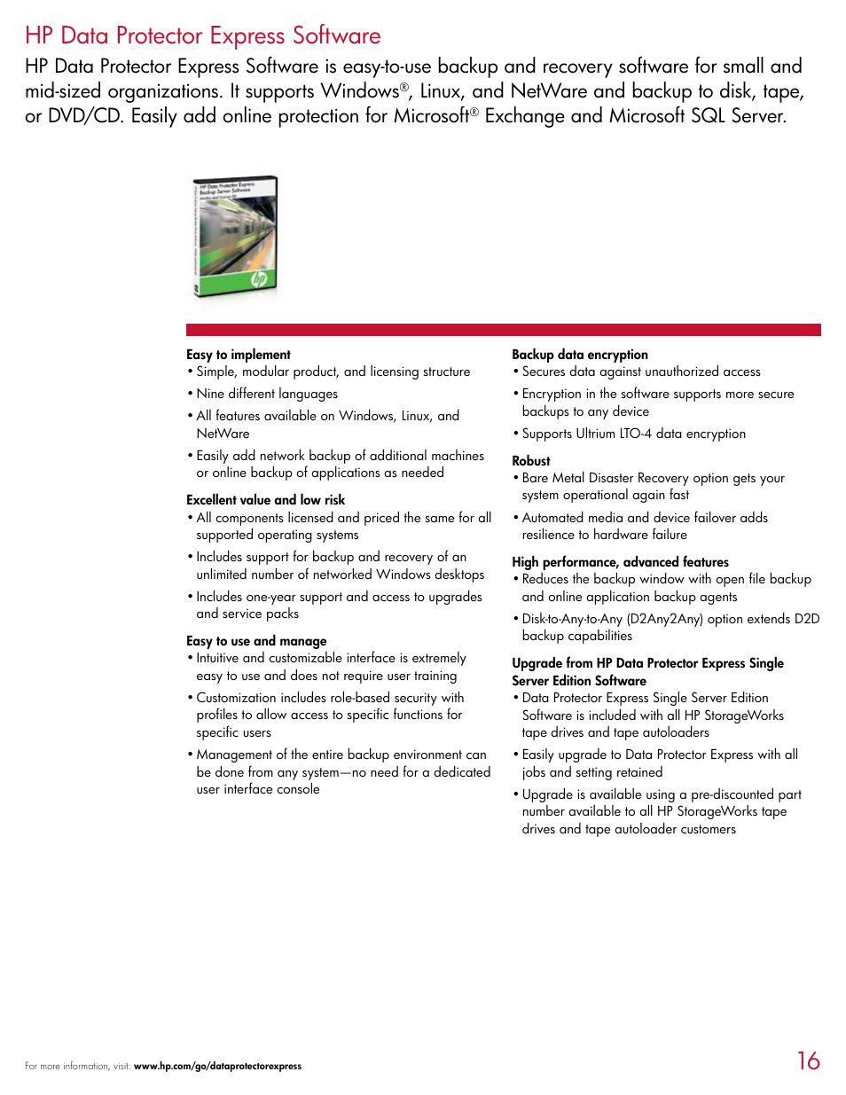 16 hp data protector express software, Exchange and microsoft sql server | HP D2D120 User Manual | Page 16 / 20