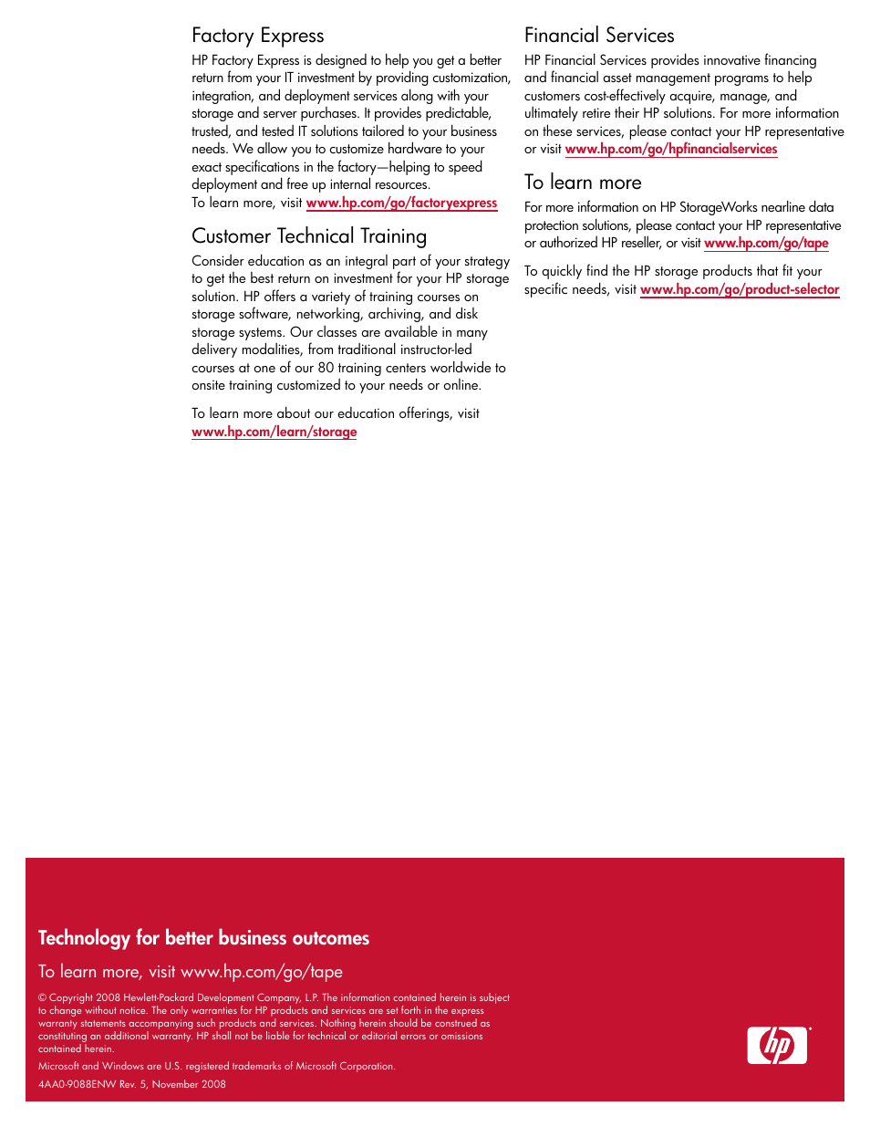 Factory express, Customer technical training, Financial services | Technology for better business outcomes | HP D2D120 User Manual | Page 20 / 20