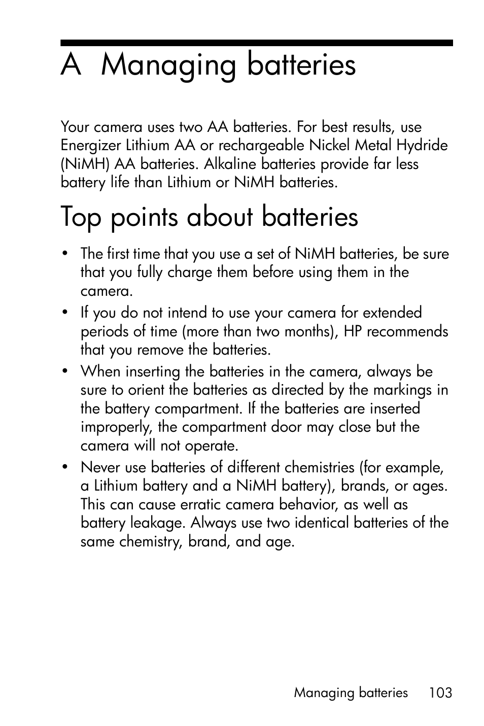 Managing batteries, Top points about batteries, A managing batteries | HP Photosmart E327 User Manual | Page 103 / 130