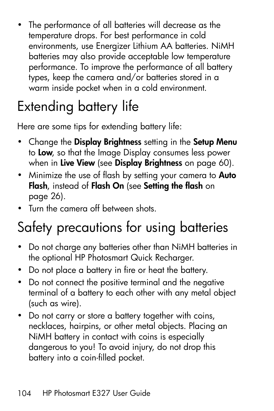 Extending battery life, Safety precautions for using batteries, See extending battery life on | HP Photosmart E327 User Manual | Page 104 / 130