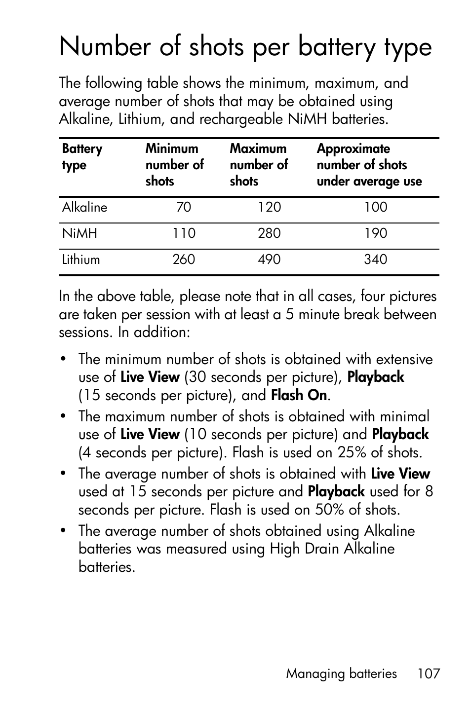 Number of shots per battery type, Number of shots per battery type on | HP Photosmart E327 User Manual | Page 107 / 130