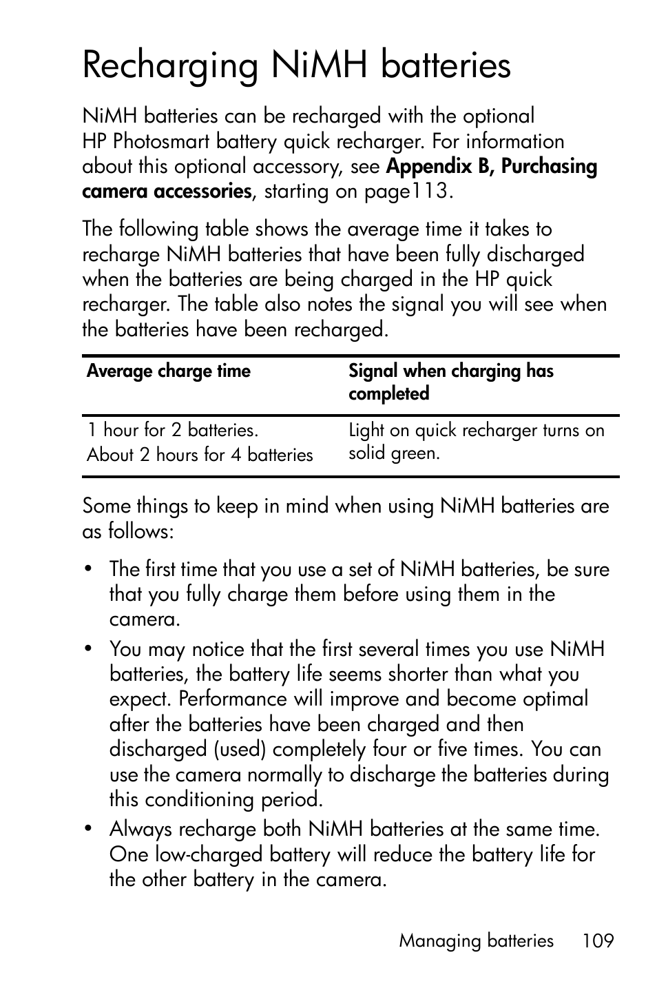 Recharging nimh batteries | HP Photosmart E327 User Manual | Page 109 / 130