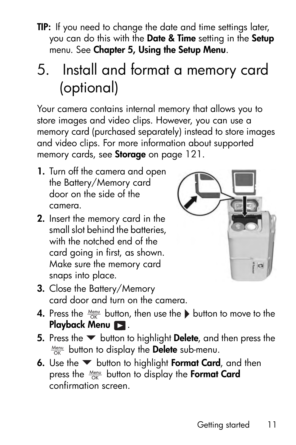 Install and format a memory card (optional), 5 install and format a memory card (optional) 11 | HP Photosmart E327 User Manual | Page 11 / 130