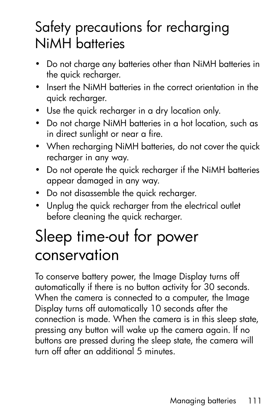 Safety precautions for recharging nimh batteries, Sleep time-out for power conservation, Safety precautions for recharging nimh | Batteries | HP Photosmart E327 User Manual | Page 111 / 130