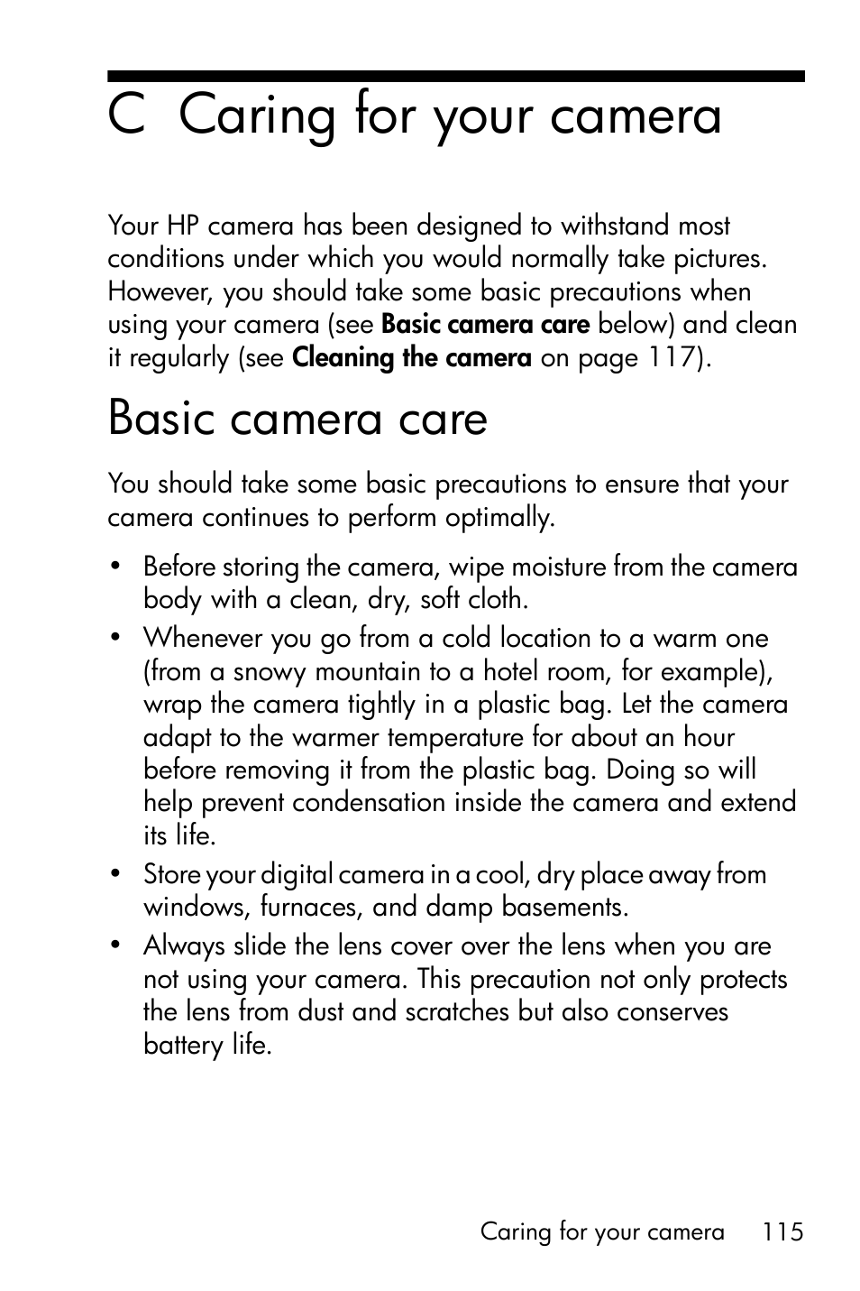 Caring for your camera, Basic camera care, C caring for your camera | HP Photosmart E327 User Manual | Page 115 / 130