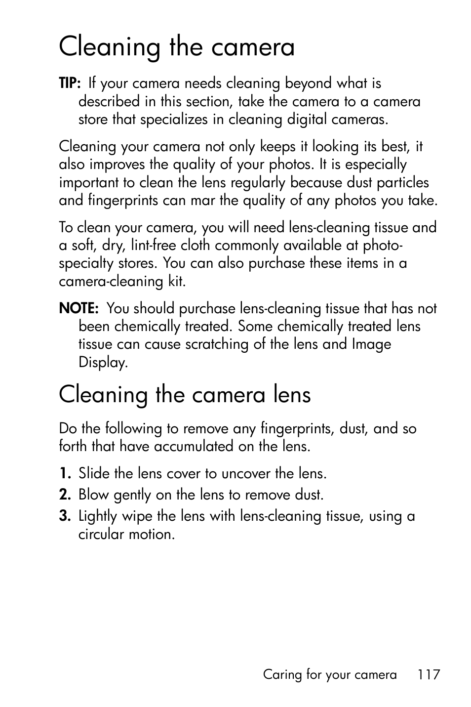 Cleaning the camera, Cleaning the camera lens | HP Photosmart E327 User Manual | Page 117 / 130