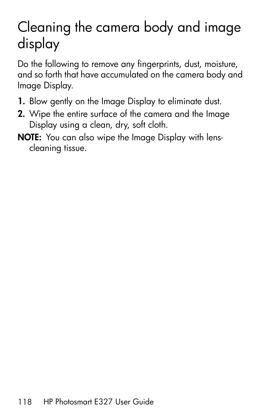 Cleaning the camera body and image display, Cleaning the camera body and image display 118 | HP Photosmart E327 User Manual | Page 118 / 130