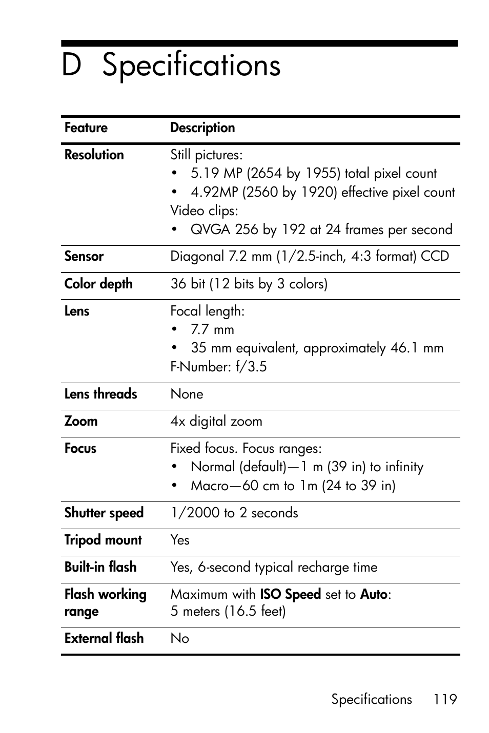 Specifications, D specifications | HP Photosmart E327 User Manual | Page 119 / 130