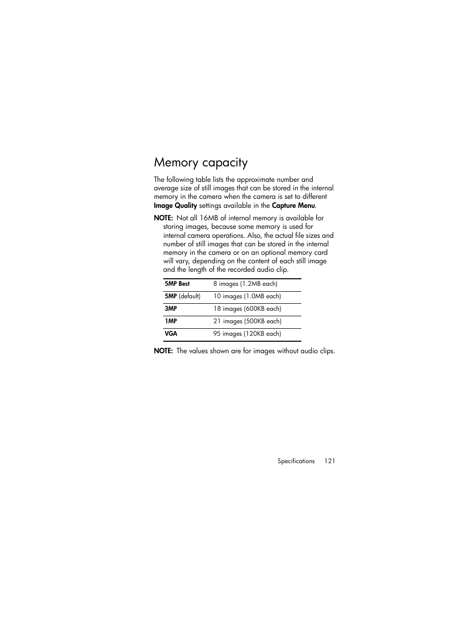 Memory capacity | HP Photosmart E327 User Manual | Page 123 / 130