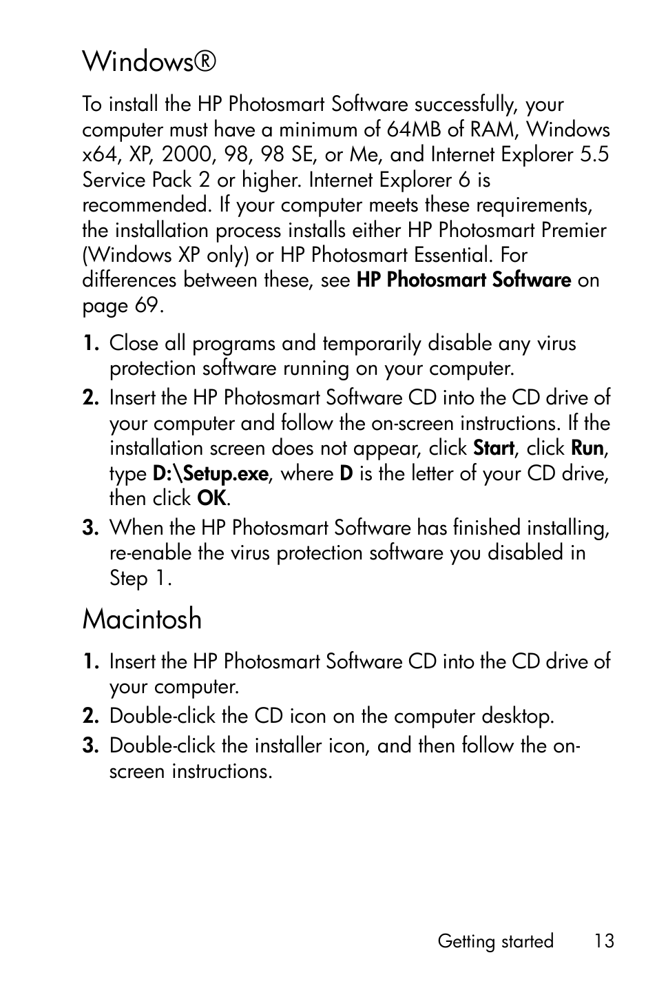 Windows, Macintosh | HP Photosmart E327 User Manual | Page 13 / 130