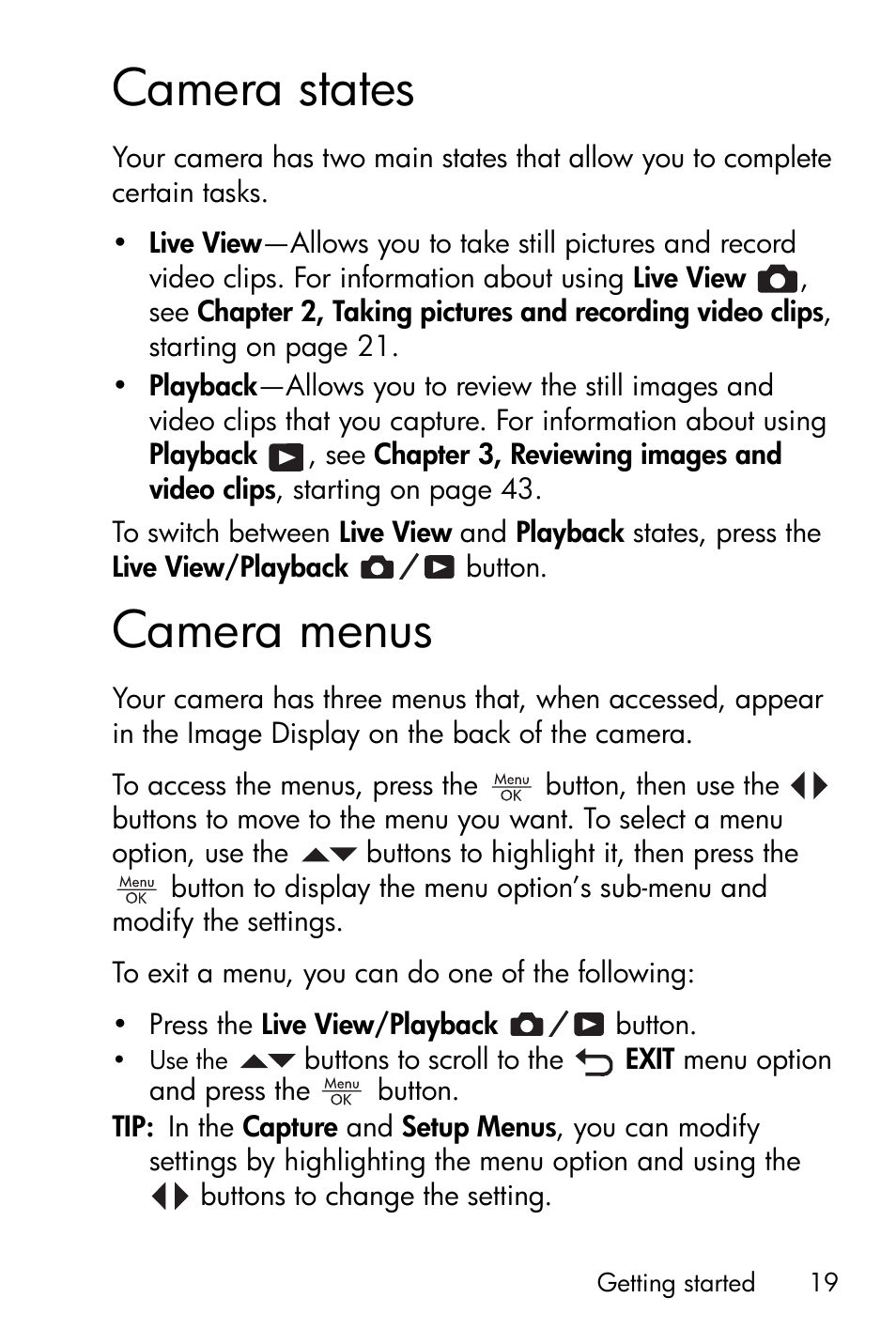 Camera states, Camera menus | HP Photosmart E327 User Manual | Page 19 / 130