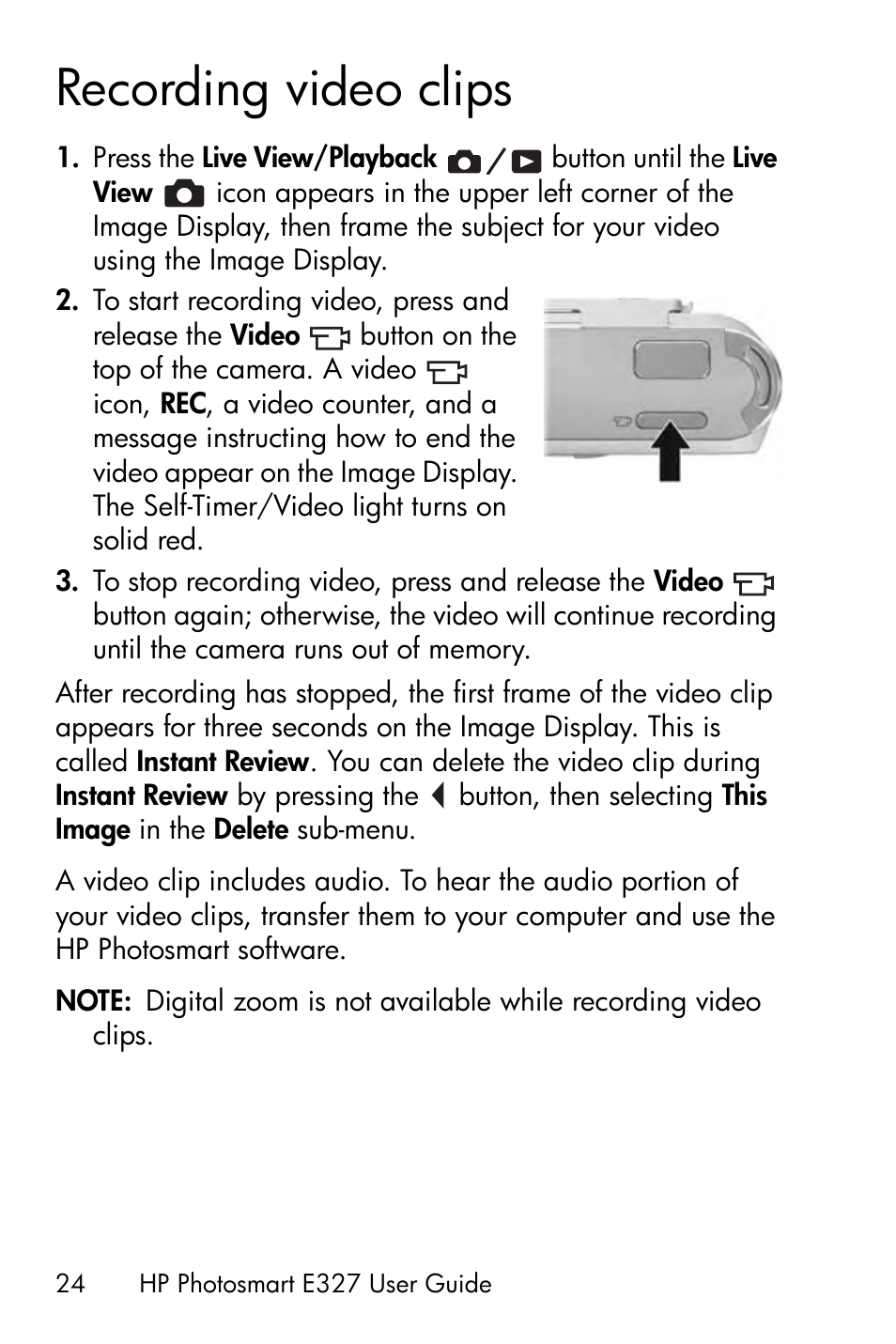 Recording video clips | HP Photosmart E327 User Manual | Page 24 / 130