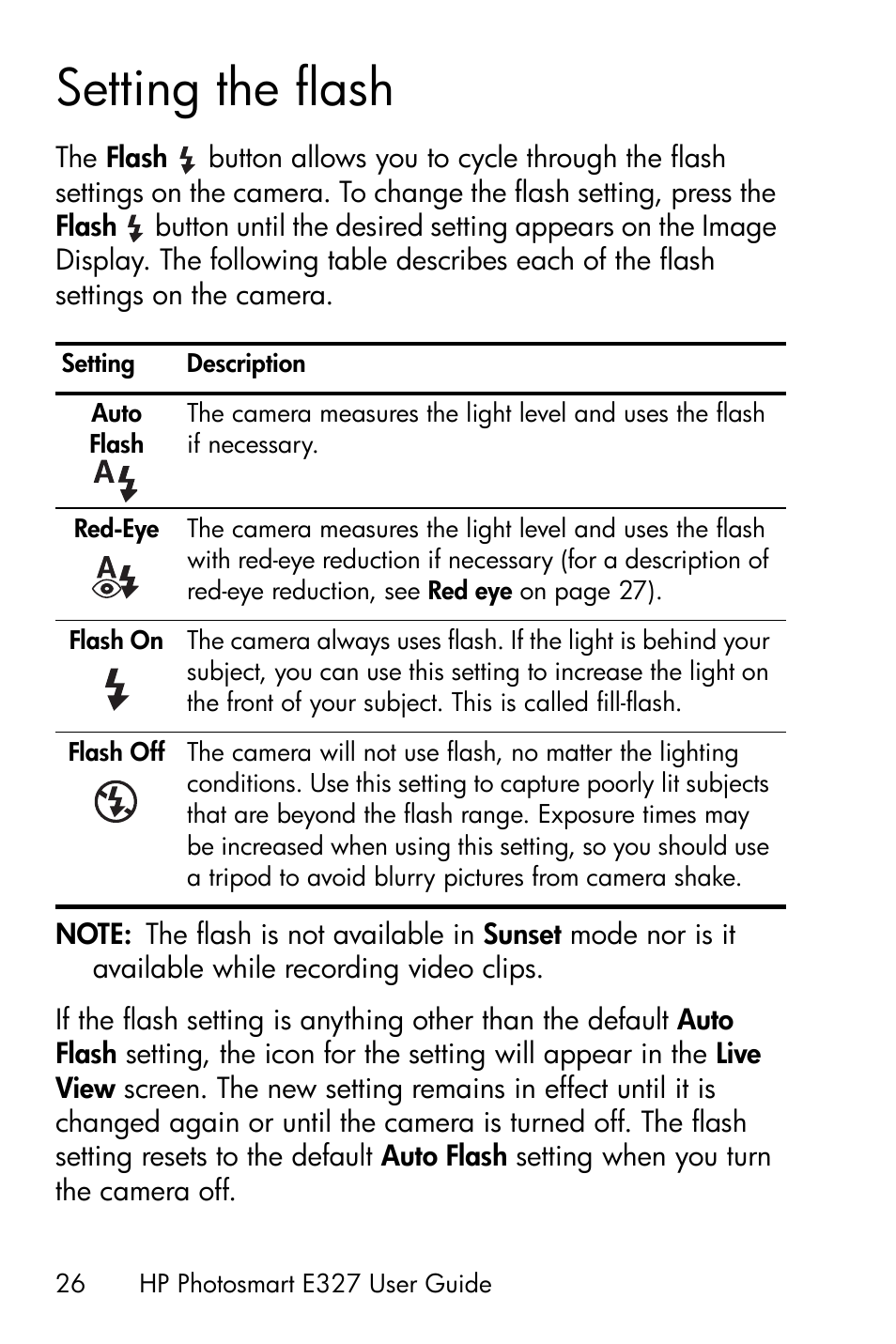 Setting the flash | HP Photosmart E327 User Manual | Page 26 / 130
