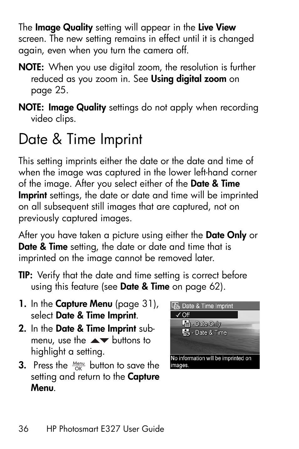 Date & time imprint | HP Photosmart E327 User Manual | Page 36 / 130