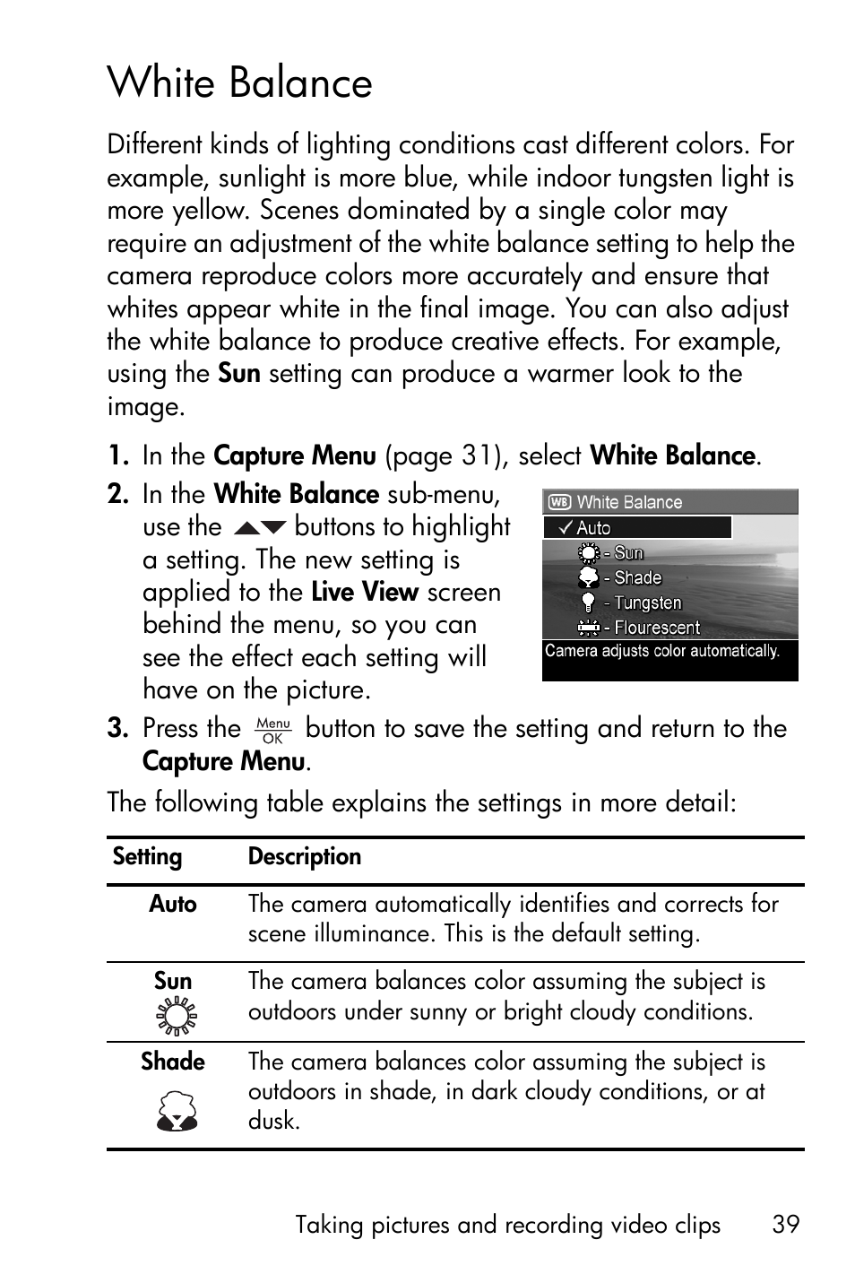 White balance | HP Photosmart E327 User Manual | Page 39 / 130