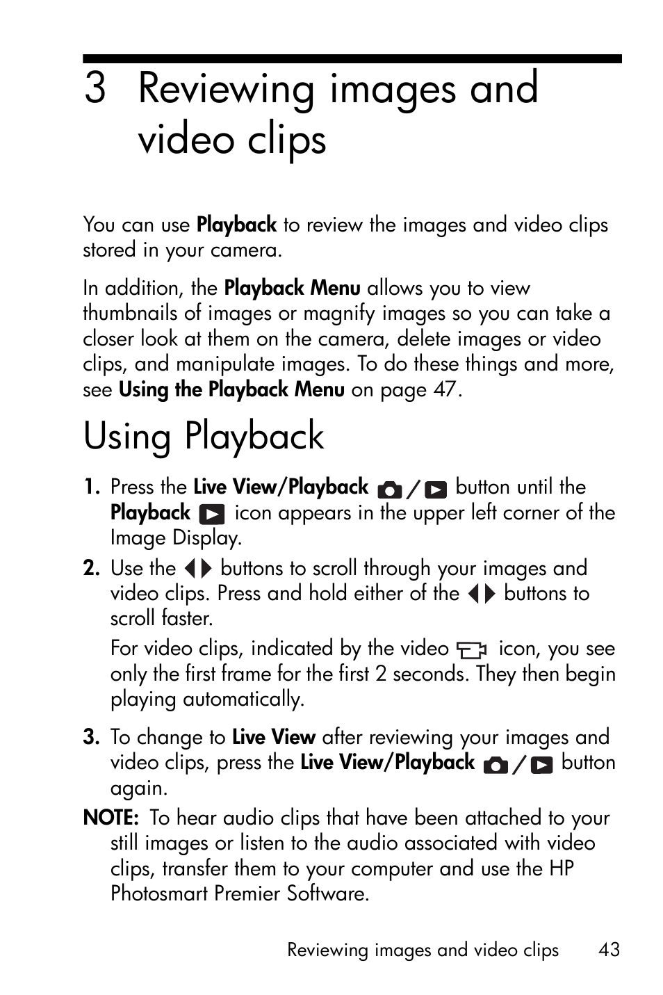 Reviewing images and video clips, Using playback, Ee chapter 3, reviewing images and | 3 reviewing images and video clips | HP Photosmart E327 User Manual | Page 43 / 130