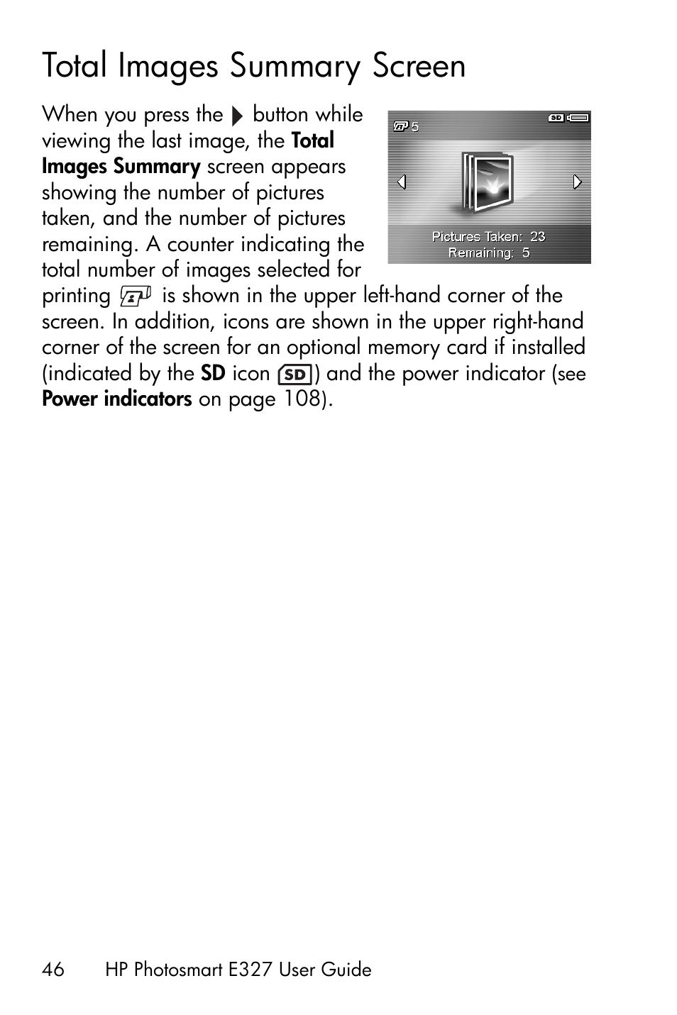Total images summary screen, Total images summary | HP Photosmart E327 User Manual | Page 46 / 130