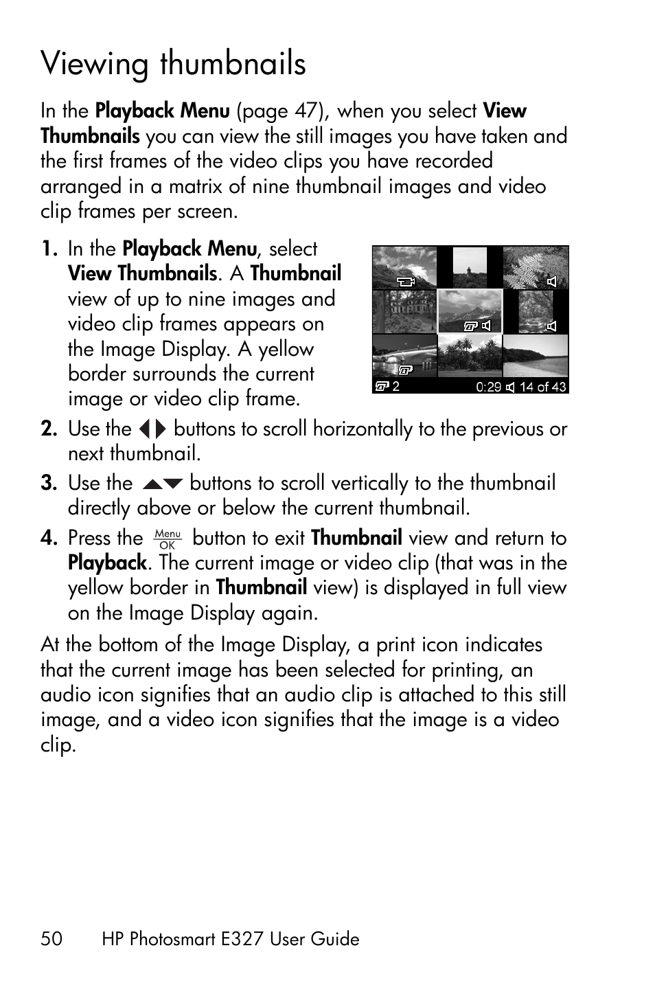 Viewing thumbnails | HP Photosmart E327 User Manual | Page 50 / 130