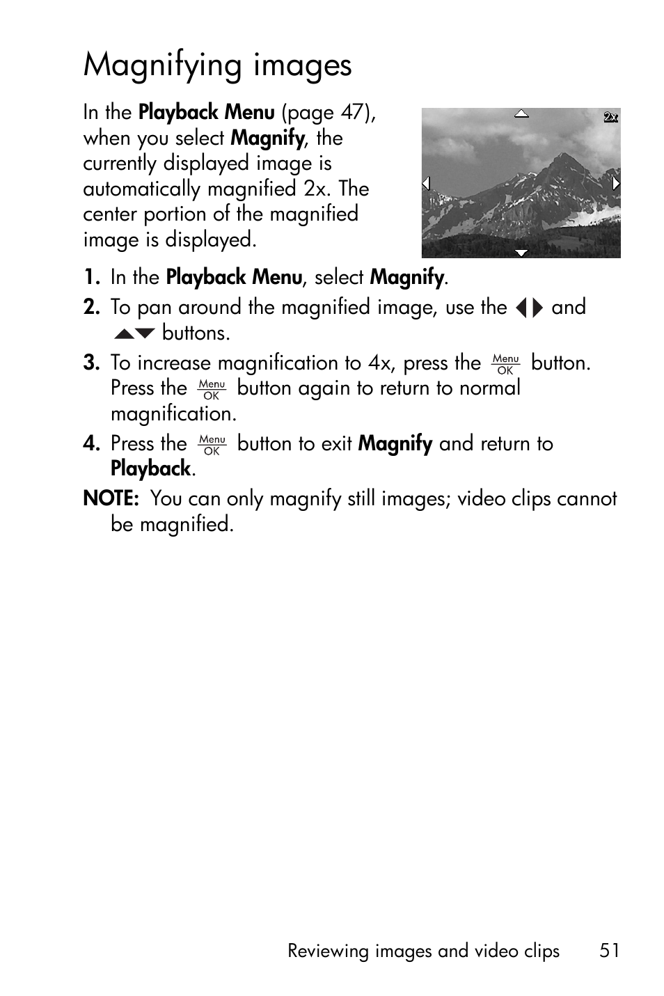 Magnifying images | HP Photosmart E327 User Manual | Page 51 / 130