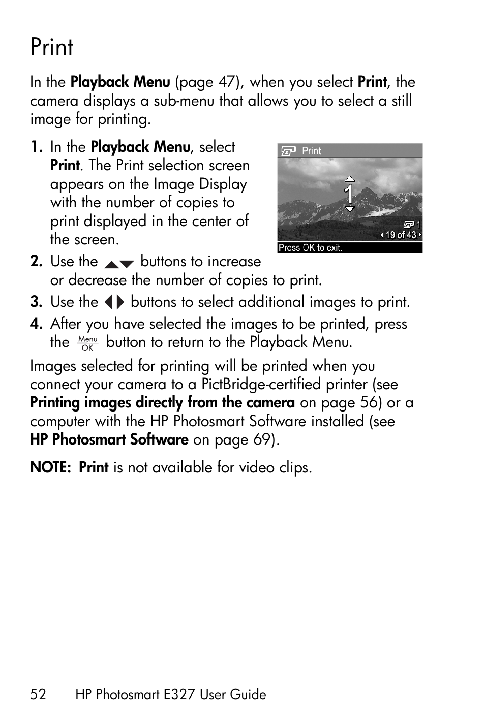 Print, See print on | HP Photosmart E327 User Manual | Page 52 / 130