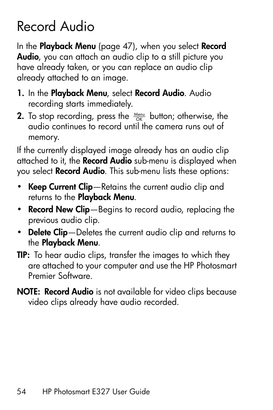Record audio | HP Photosmart E327 User Manual | Page 54 / 130
