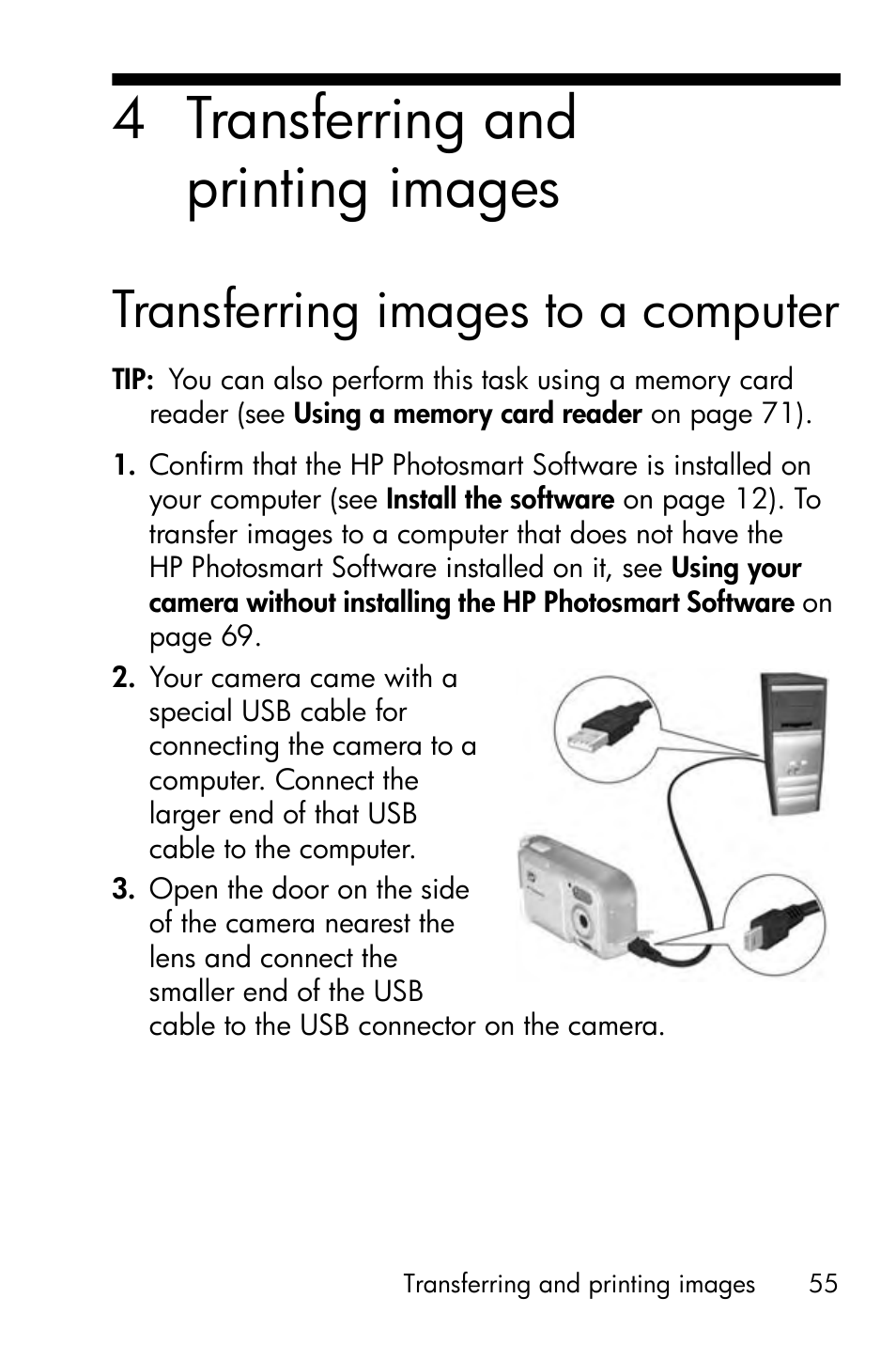 Transferring and printing images, Transferring images to a computer, 4 transferring and printing images | HP Photosmart E327 User Manual | Page 55 / 130