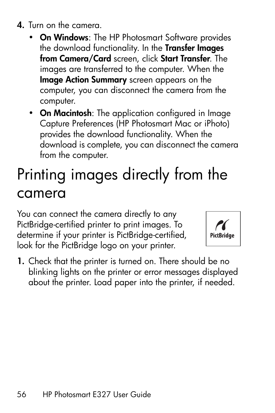 Printing images directly from the camera | HP Photosmart E327 User Manual | Page 56 / 130