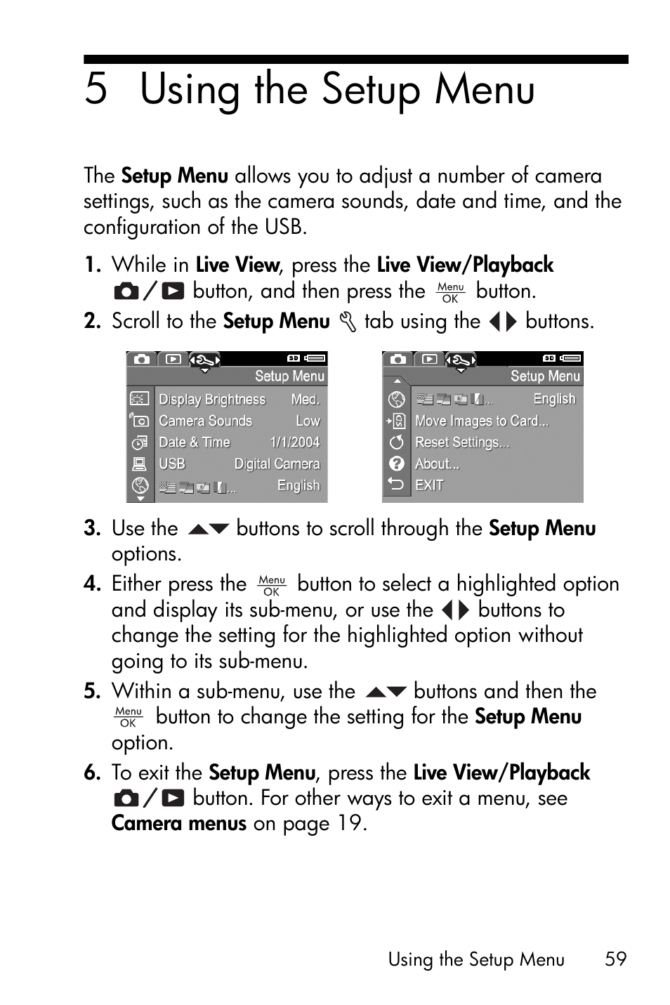 Using the setup menu, Chapter 5, using the, 5 using the setup menu | HP Photosmart E327 User Manual | Page 59 / 130