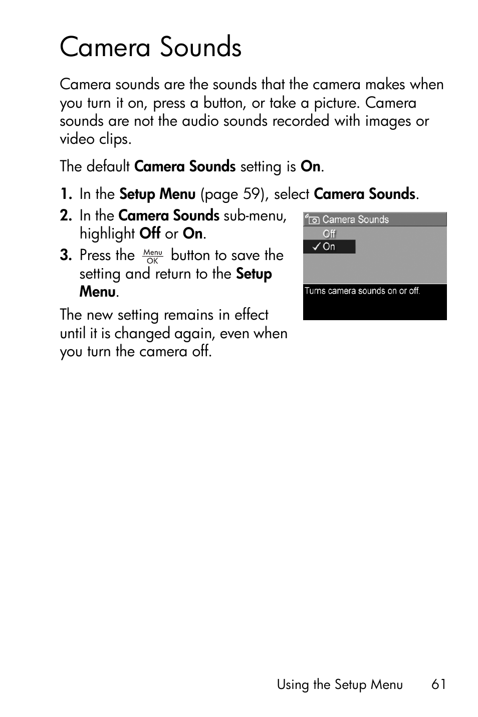 Camera sounds | HP Photosmart E327 User Manual | Page 61 / 130