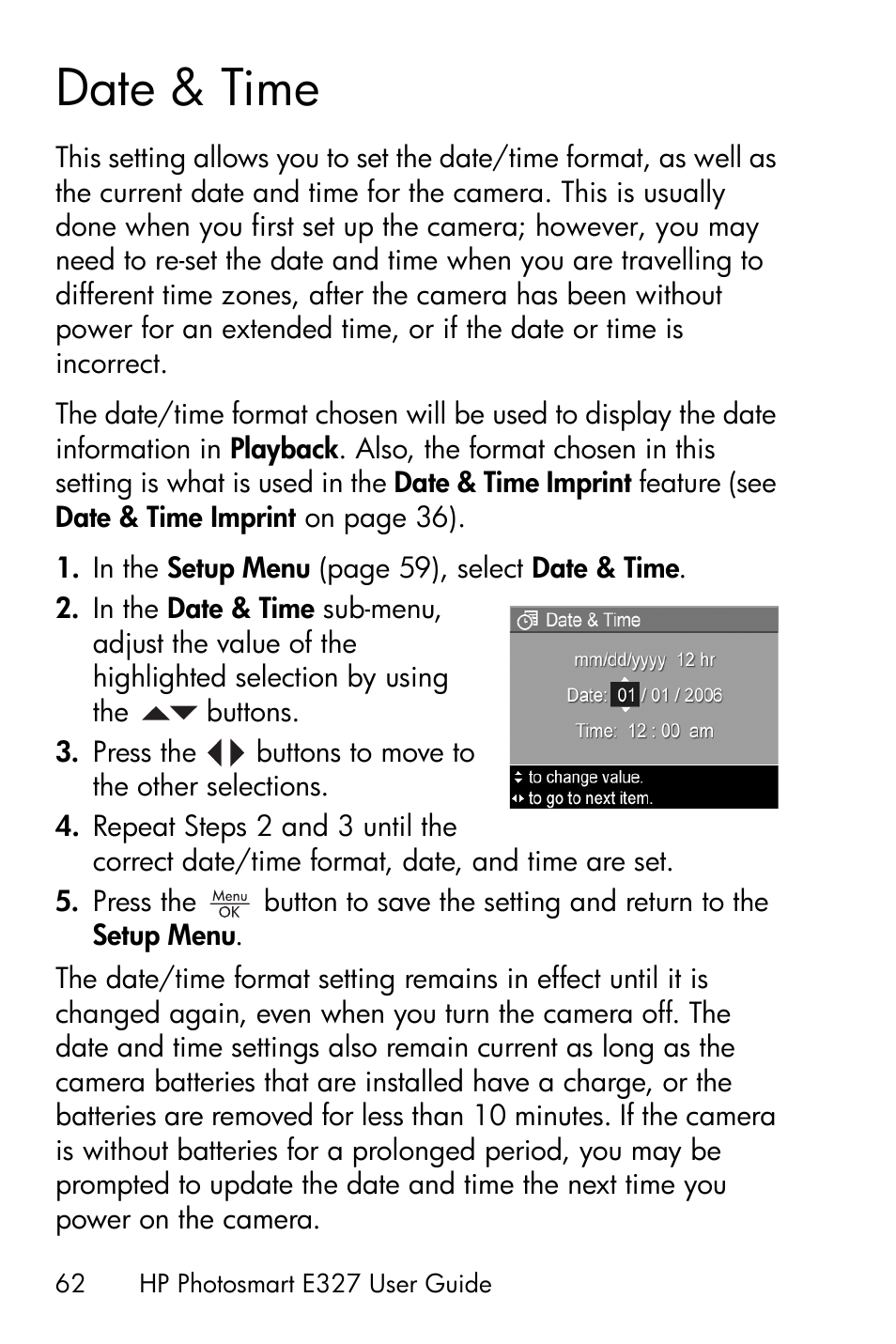 Date & time | HP Photosmart E327 User Manual | Page 62 / 130