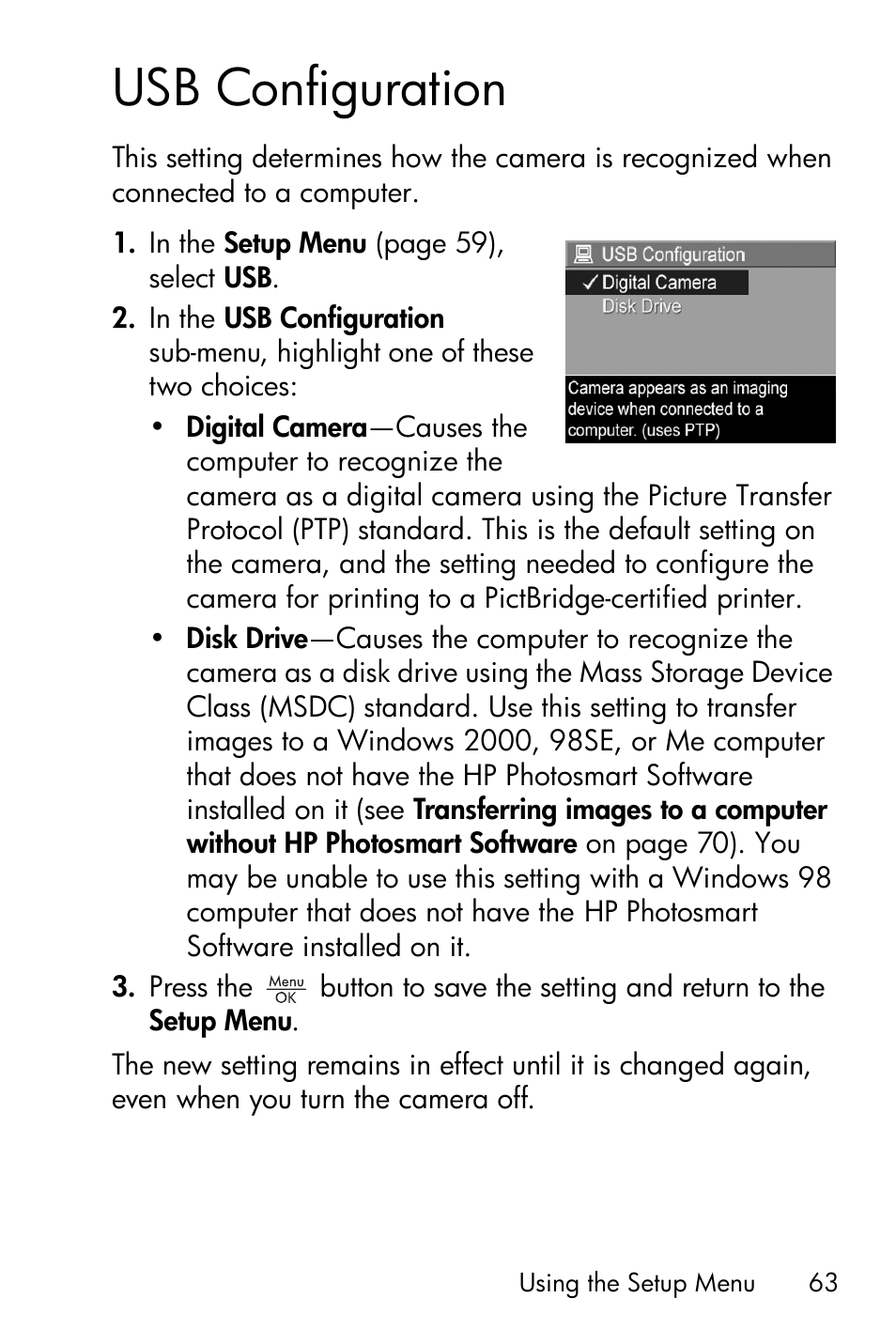 Usb configuration | HP Photosmart E327 User Manual | Page 63 / 130