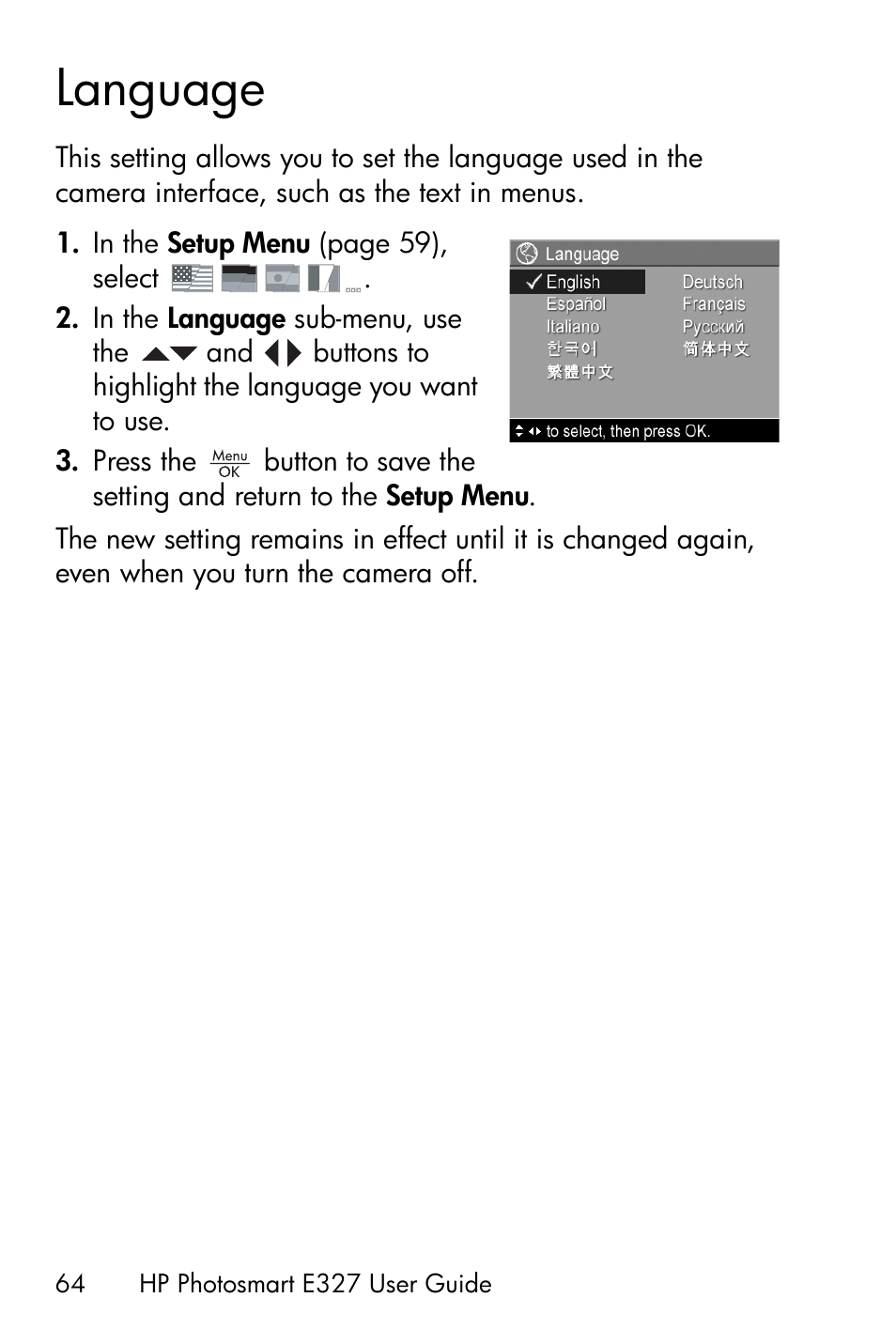 Language | HP Photosmart E327 User Manual | Page 64 / 130