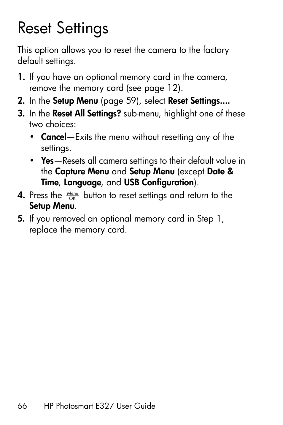 Reset settings | HP Photosmart E327 User Manual | Page 66 / 130