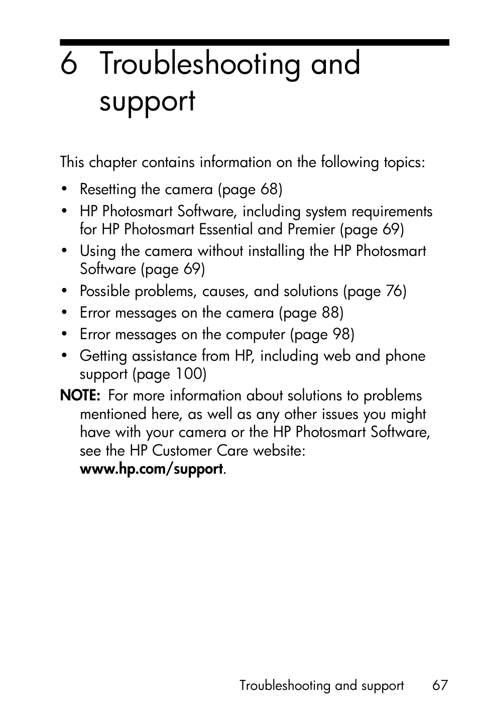 Troubleshooting and support, 6 troubleshooting and support | HP Photosmart E327 User Manual | Page 67 / 130