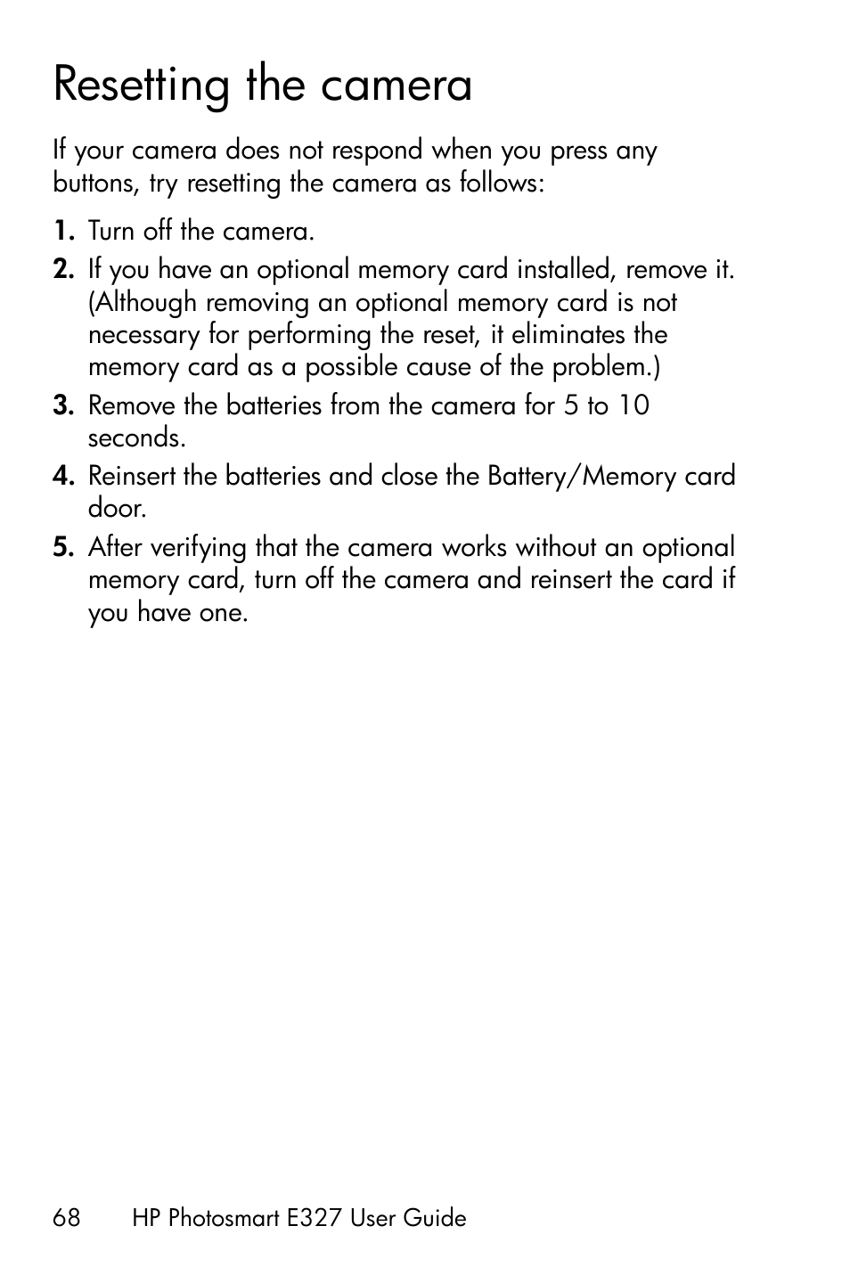 Resetting the camera | HP Photosmart E327 User Manual | Page 68 / 130