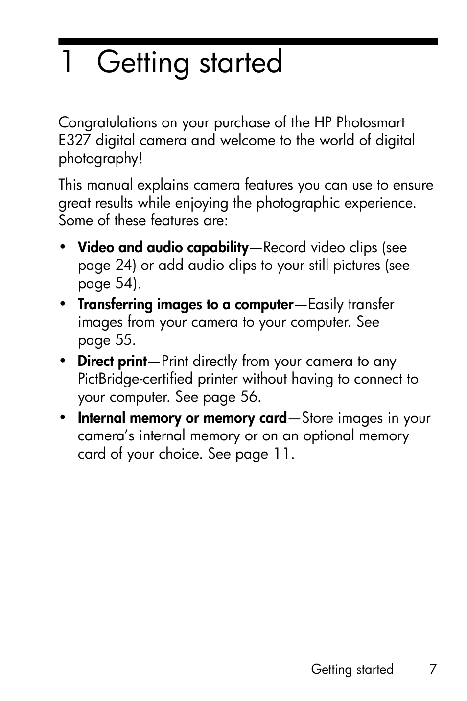 Getting started, 1 getting started | HP Photosmart E327 User Manual | Page 7 / 130